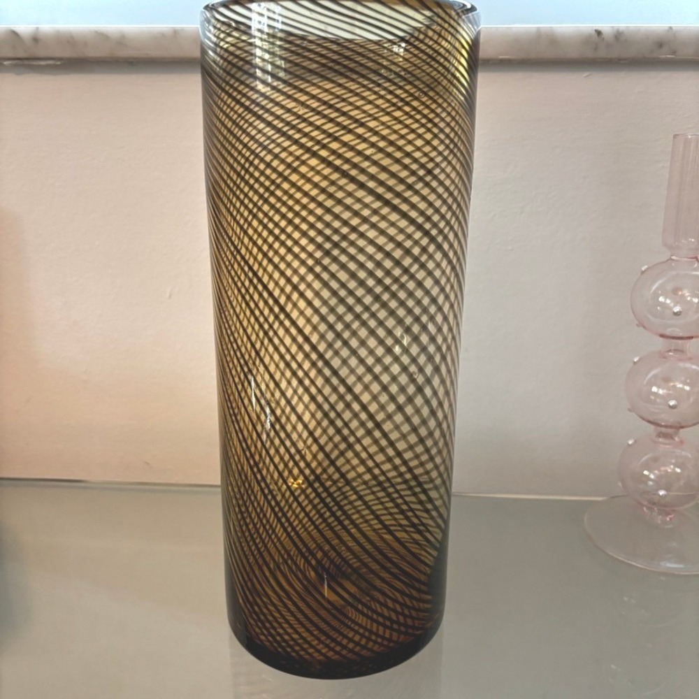 Large Vintage‎ Murano Optic Spiral Art Glass Vase Amber Black Filigrana Cylinder